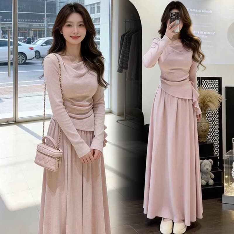 실사 선물 물품 2026 가을 새로운 프랑스식 흔들다 칼라 불규칙 꼬집기 허리 슬림해 보이는 맨위 반신 스커트 투피스 세트 이미지 2