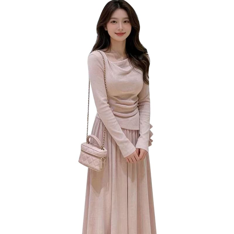 실사 선물 물품 2026 가을 새로운 프랑스식 흔들다 칼라 불규칙 꼬집기 허리 슬림해 보이는 맨위 반신 스커트 투피스 세트 이미지 5