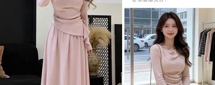 실사 선물 물품 2026 가을 새로운 프랑스식 흔들다 칼라 불규칙 꼬집기 허리 슬림해 보이는 맨위 반신 스커트 투피스 세트 상세 이미지 8