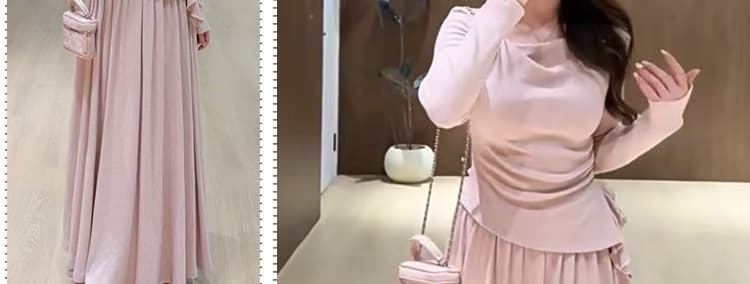 실사 선물 물품 2026 가을 새로운 프랑스식 흔들다 칼라 불규칙 꼬집기 허리 슬림해 보이는 맨위 반신 스커트 투피스 세트 상세 이미지 11
