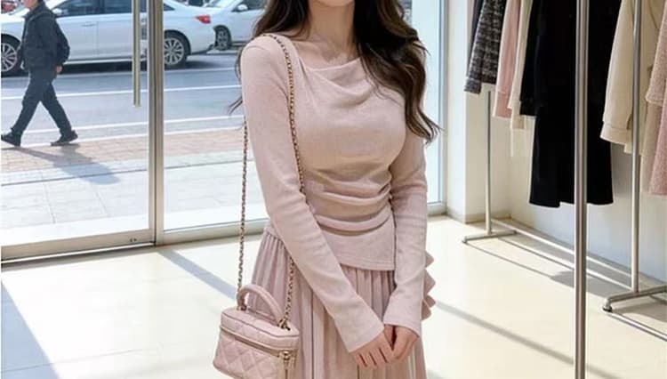 실사 선물 물품 2026 가을 새로운 프랑스식 흔들다 칼라 불규칙 꼬집기 허리 슬림해 보이는 맨위 반신 스커트 투피스 세트 상세 이미지 15