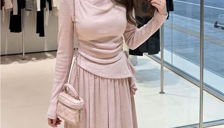 실사 선물 물품 2026 가을 새로운 프랑스식 흔들다 칼라 불규칙 꼬집기 허리 슬림해 보이는 맨위 반신 스커트 투피스 세트 상세 이미지 20