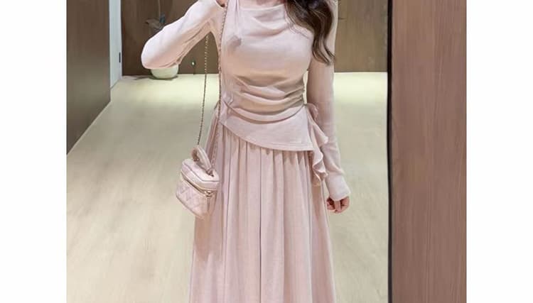 실사 선물 물품 2026 가을 새로운 프랑스식 흔들다 칼라 불규칙 꼬집기 허리 슬림해 보이는 맨위 반신 스커트 투피스 세트 상세 이미지 27