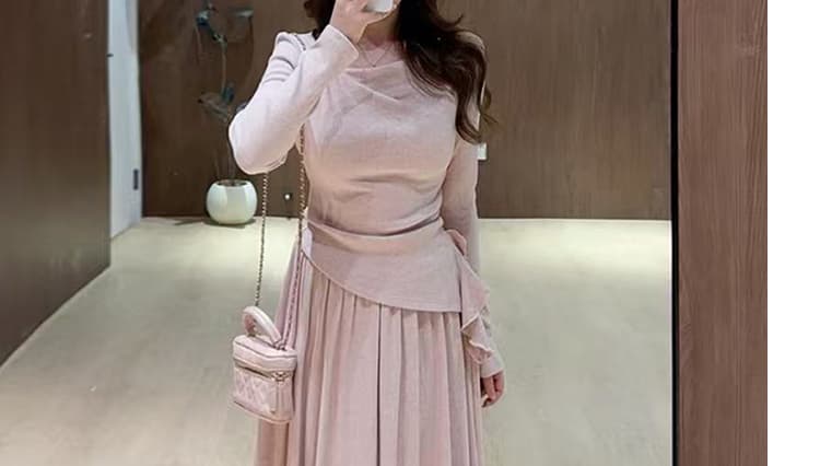 실사 선물 물품 2026 가을 새로운 프랑스식 흔들다 칼라 불규칙 꼬집기 허리 슬림해 보이는 맨위 반신 스커트 투피스 세트 상세 이미지 38