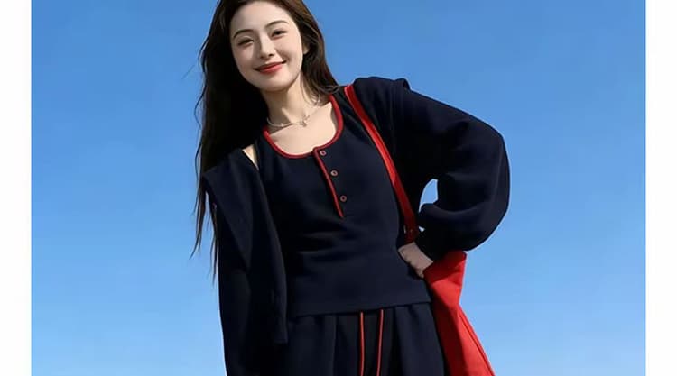 선물 물품 2026 가을 새로운 패션 패치워크 색상 후드 재킷 스택 착용 조끼 캐주얼 와이드 레그 팬츠 3종 세트 상세 이미지 16