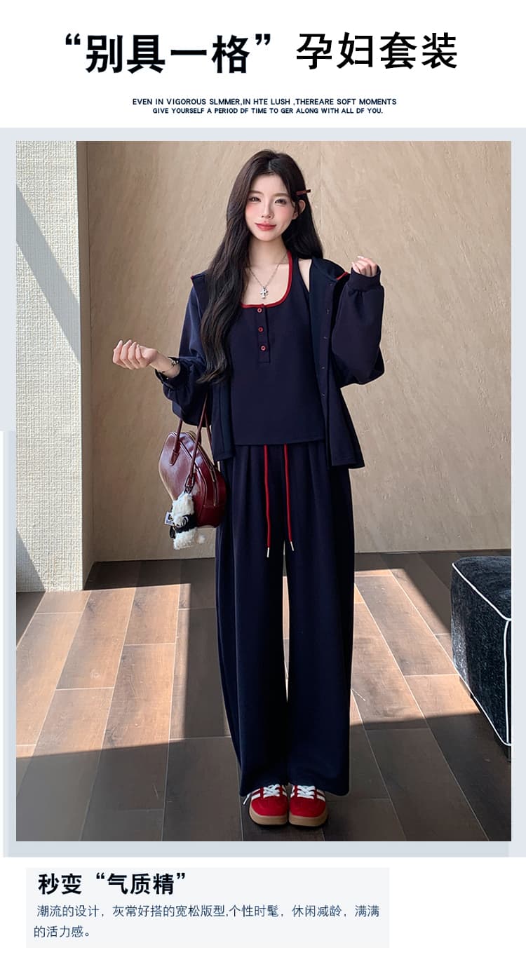 실사 선물 물품 2026 가을 새로운 패션 패치워크 색상 후드 재킷 스택 착용 조끼 캐주얼 와이드 레그 팬츠 3종 세트 상세 이미지 1