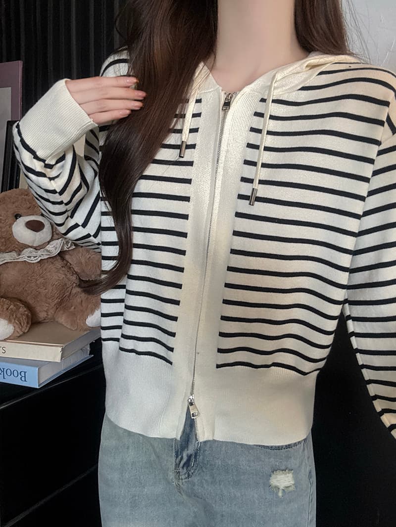 실사 빅 사이즈 가을 겨울 스트라이프 후드 오픈 가디건 지퍼 대 에디션 두꺼움 재료 앤디 털털 의류 여성 뜨개질 맨위 재킷 상세 이미지 4