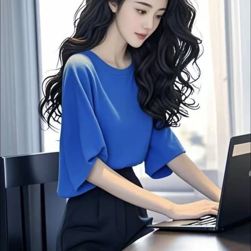 프랑스식 품격 서리가 내린 부서 고급 센스 파란색 루즈핏 작은 맨위 여성 여름 상세 이미지 4