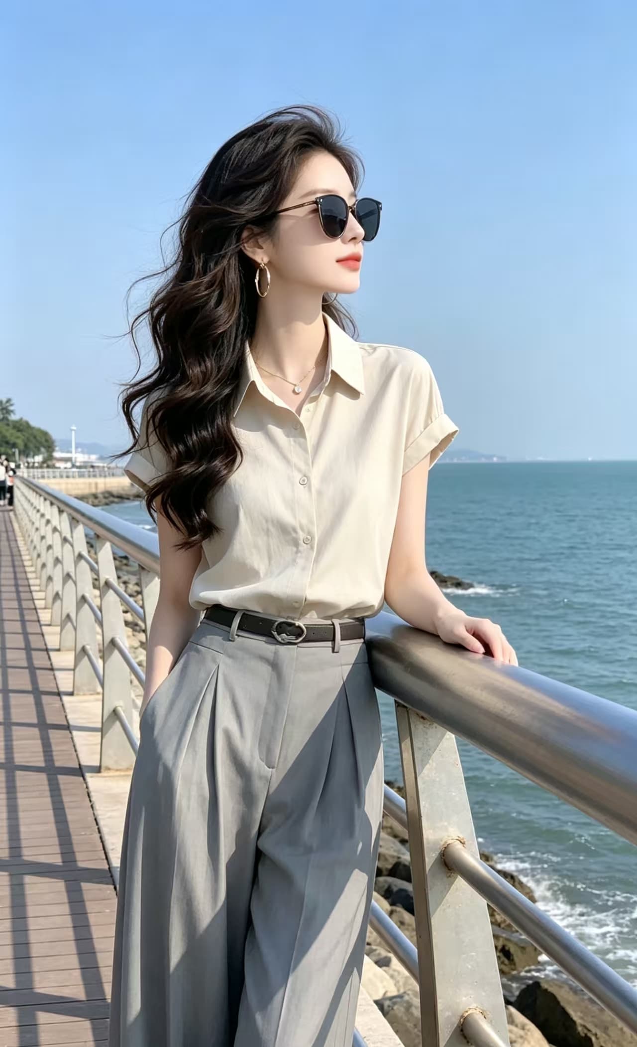 프랑스식 우아함 아름다운 살구 색상 폴로 칼라 반팔 여성 셔츠 여름 섹션 고유 한 다용도 미니멀리즘 연령 감소 표지 고기 맨위 이미지 2