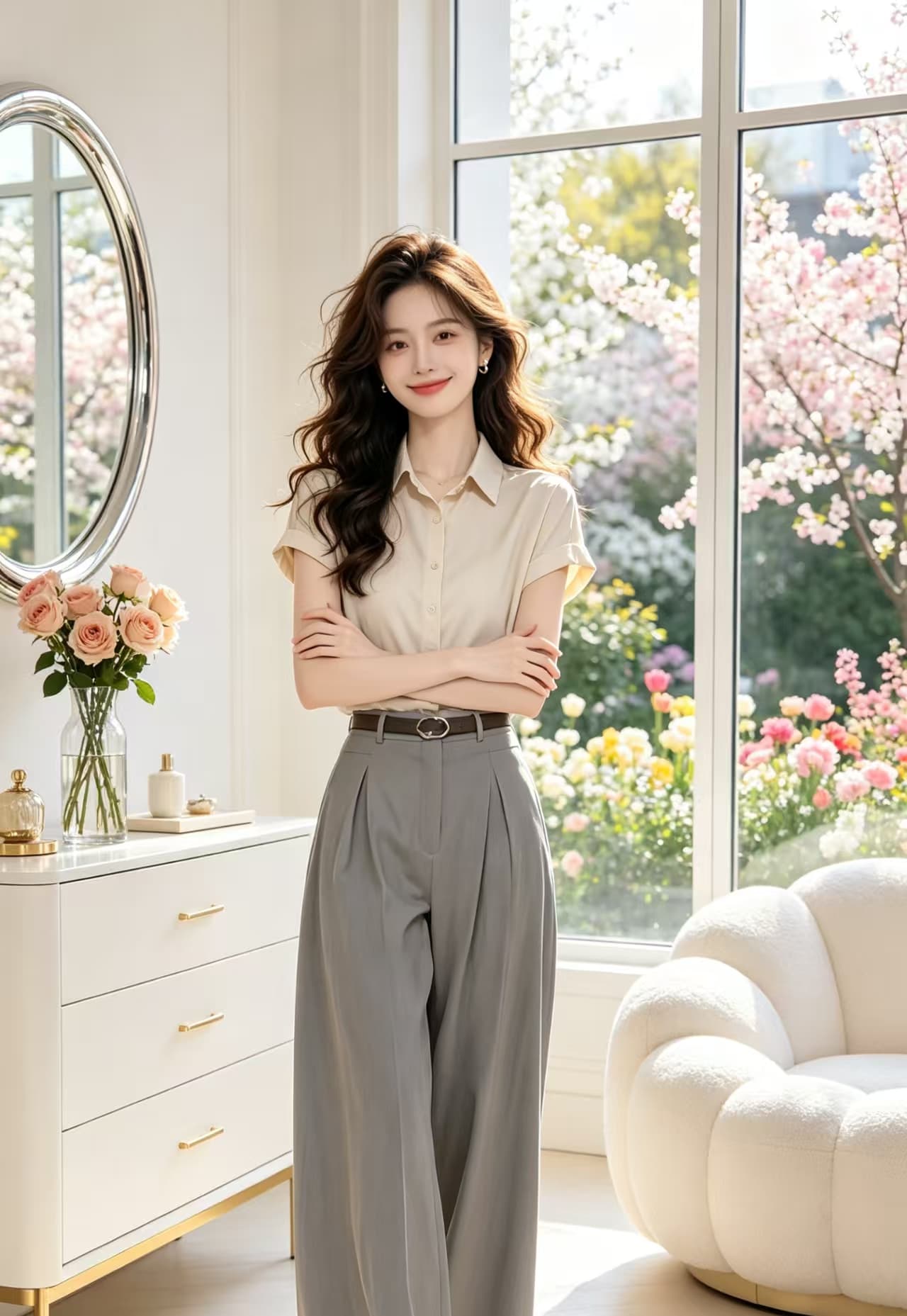 프랑스식 우아함 아름다운 살구 색상 폴로 칼라 반팔 여성 셔츠 여름 섹션 고유 한 다용도 미니멀리즘 연령 감소 표지 고기 맨위 이미지 3