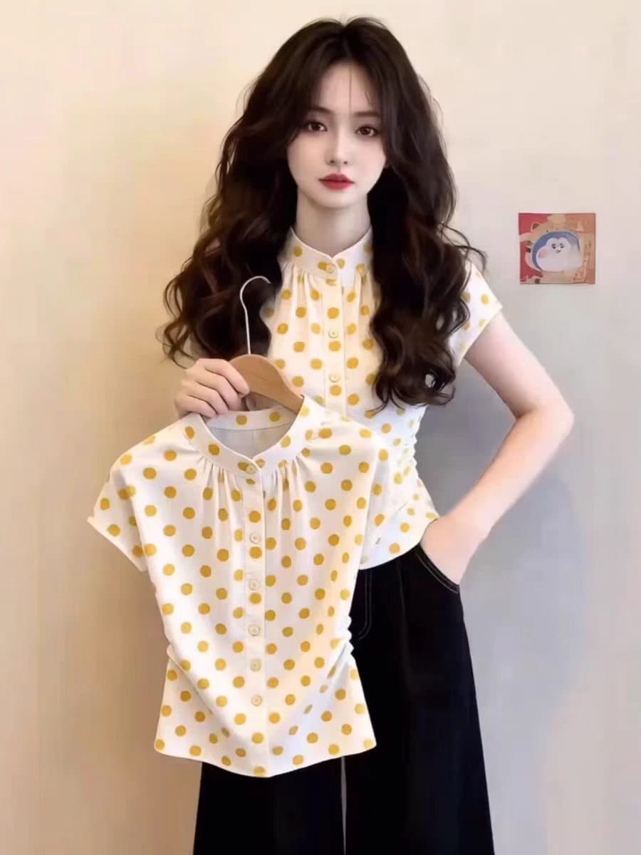 프랑스식 도트 무늬 스탠드 칼라 반팔 여성 셔츠 여름 디자인 센스 허리 수축 몸매 가꾸기 작은 셔츠 품격 사소한 아름다운 맨위 이미지 2