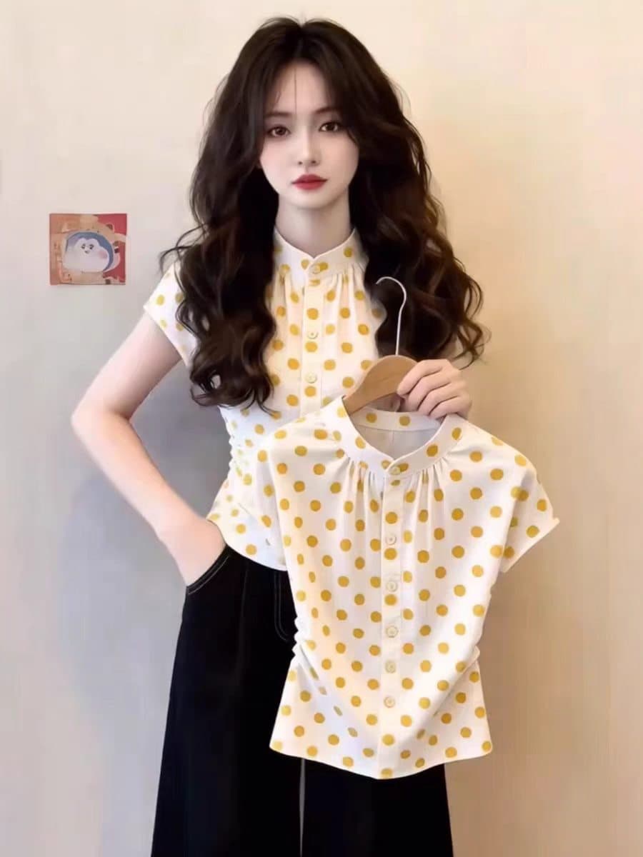 프랑스식 도트 무늬 스탠드 칼라 반팔 여성 셔츠 여름 디자인 센스 허리 수축 몸매 가꾸기 작은 셔츠 품격 사소한 아름다운 맨위 상세 이미지 1