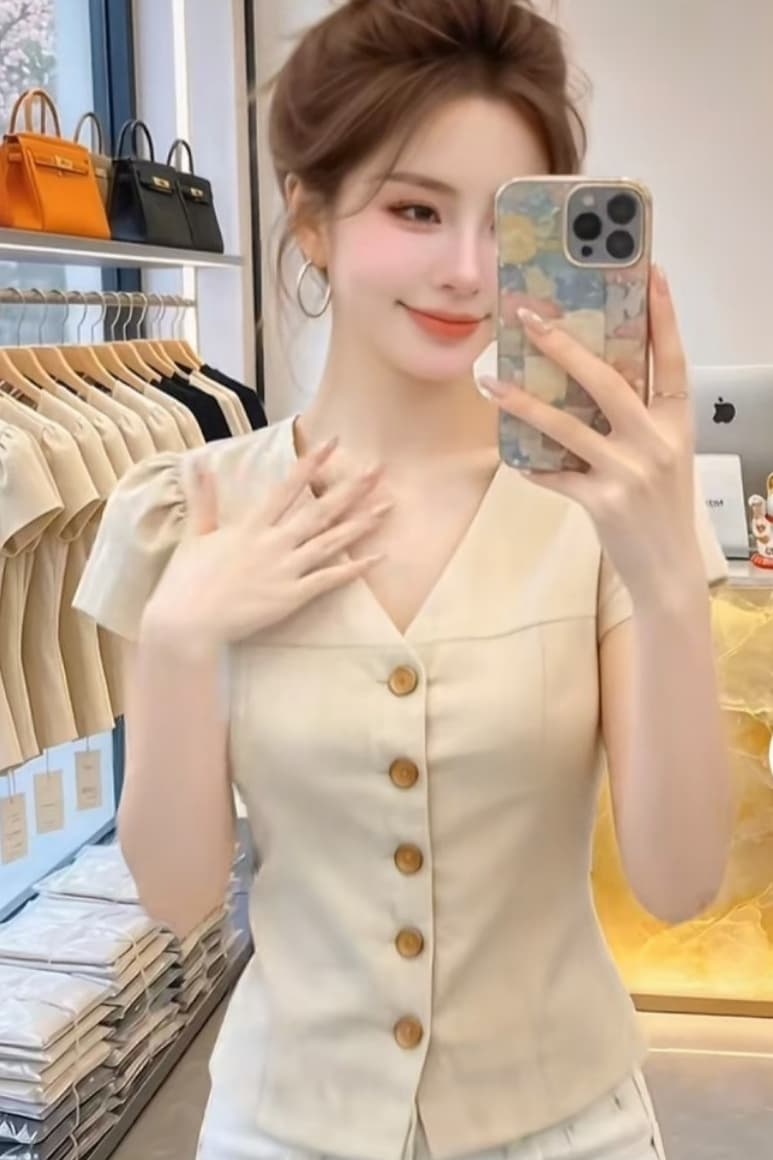 2026 여름 새로운 미니멀리즘 프랑스식 디자인 센스 단추 반팔 맨위 여성 작은 대중 품격 허리 수축 슬림해 보이는 셔츠 상세 이미지 7