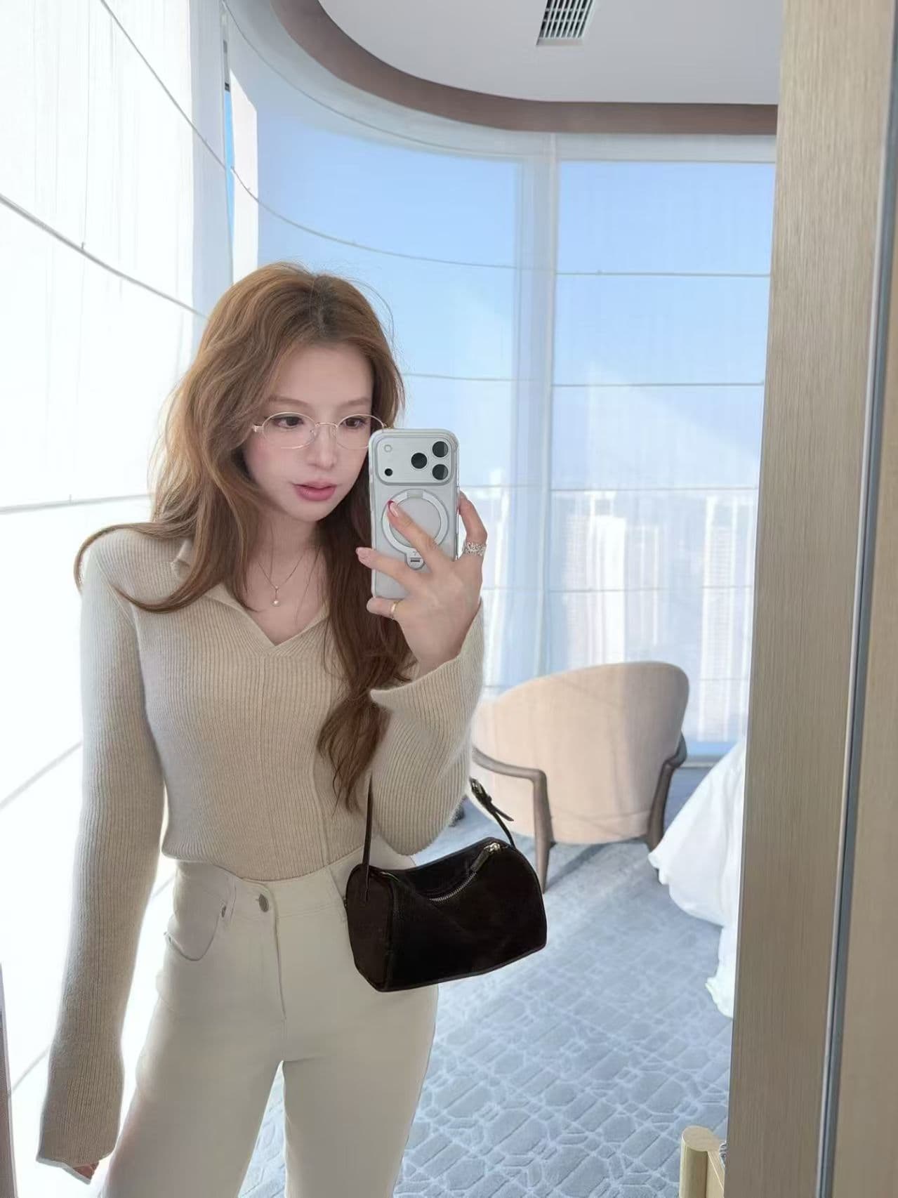 고급 센스 폴로 칼라 V넥 긴팔 맨위 여성 몸매 가꾸기 허리 수축 슬림해 보이는 품격 다용도 출퇴근 패션 인사이드 가져 가라. 만나는 이미지 3