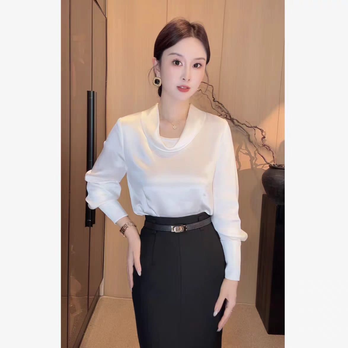 프랑스식 품격 새틴 흔들다 칼라 긴팔 여성 셔츠 가을 겨울 새로운 고급 센스 출퇴근 루즈핏 다용도 스택 착용 맨위 상세 이미지 5