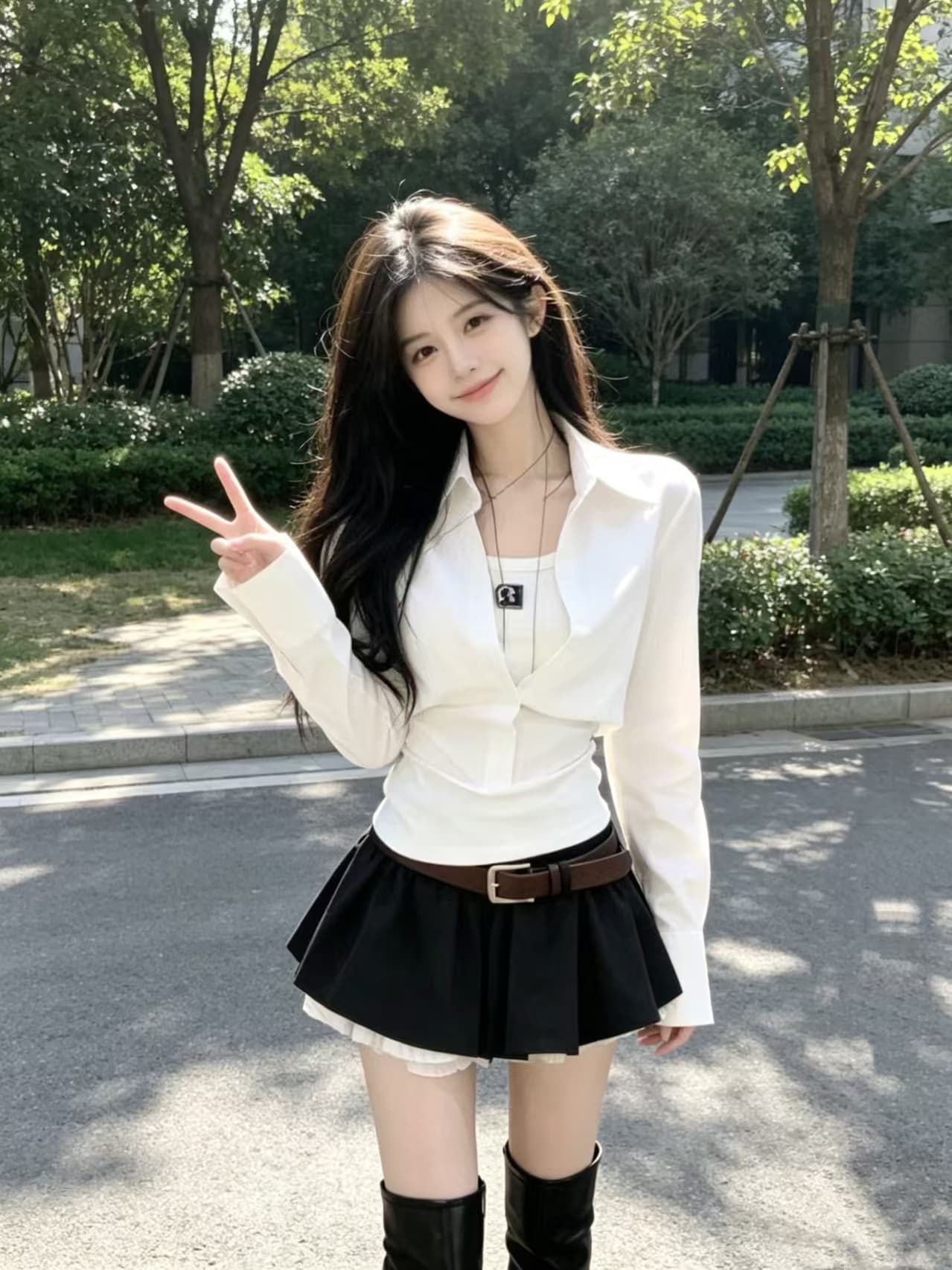 몸매 가꾸기 슬림해 보이는 화이트 페이크 레이어드 맨위 여성 2026 가을 품격 폴로 칼라 긴팔 셔츠 반 스커트 투피스 슈트 이미지 2