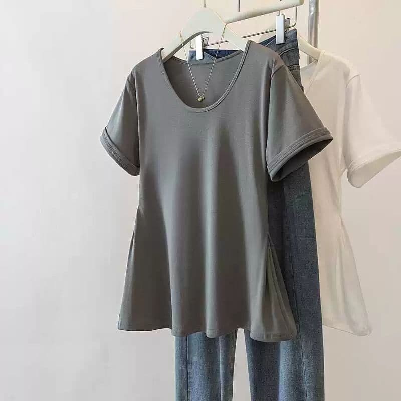 빅 사이즈 여성 의류 새로운 다용도 반팔 티셔츠 여성 여름 느긋한 캐주얼 반소매 동정 치마 밑단 품격 맨위