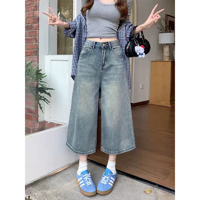 빅 사이즈 레트로 아메리칸 7 점 청바지 여성 여름 지방 mm 작은 키 루즈핏 하이웨이스트 슬림해 보이는 스트레이트 와이드 레그 팬츠 이미지 2