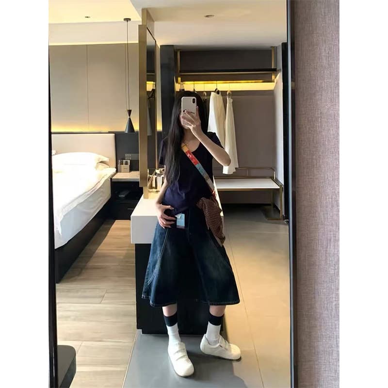 빅 사이즈 레트로 진한 파란색 7 점 데님 반바지 여성 여름 지방 mm 루즈핏 슬림해 보이는 하이웨이스트 스트레이트 넓은 다리 바지 이미지 4