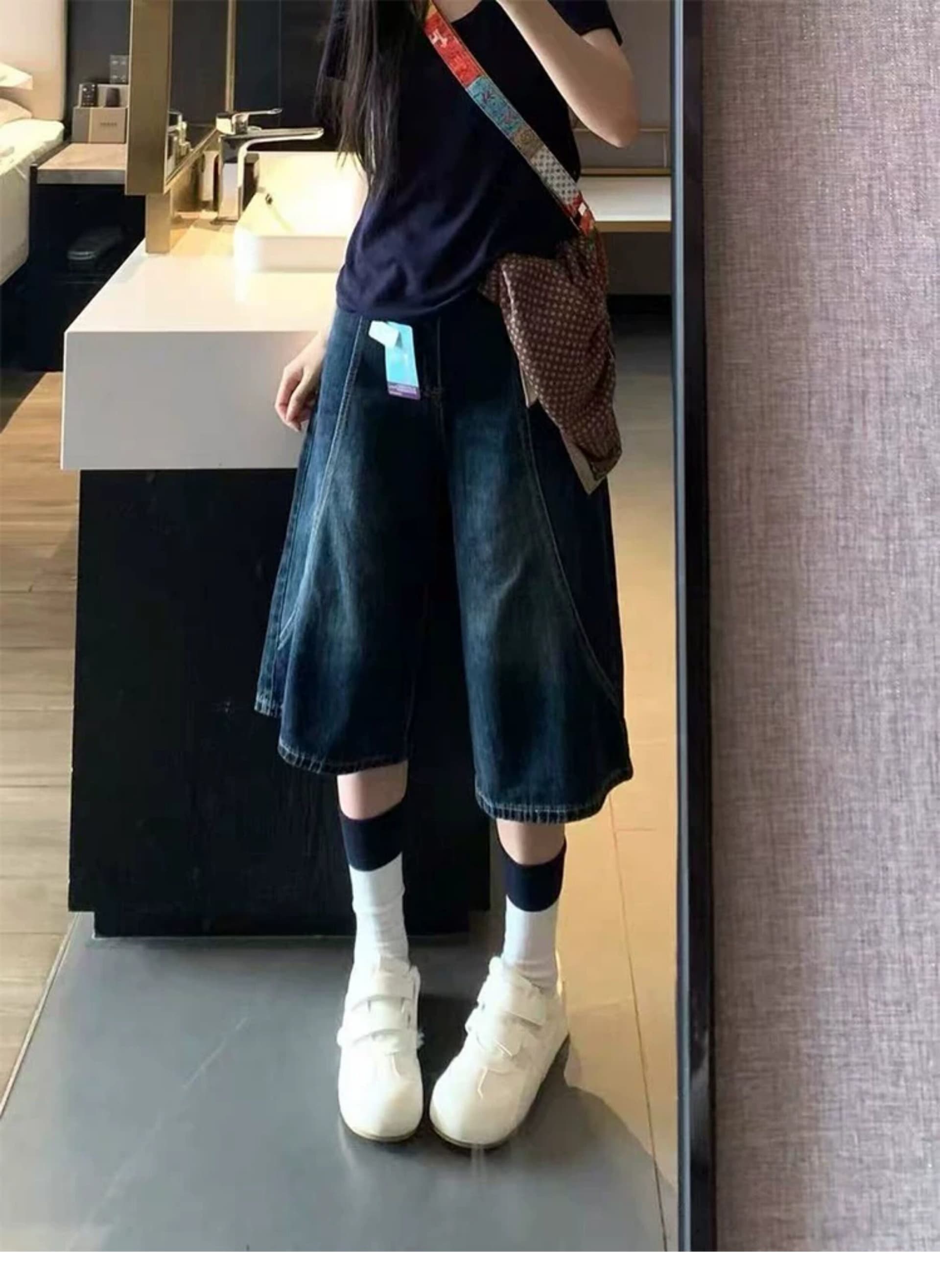 빅 사이즈 레트로 진한 파란색 7 점 데님 반바지 여성 여름 지방 mm 루즈핏 슬림해 보이는 하이웨이스트 스트레이트 넓은 다리 바지 상세 이미지 3