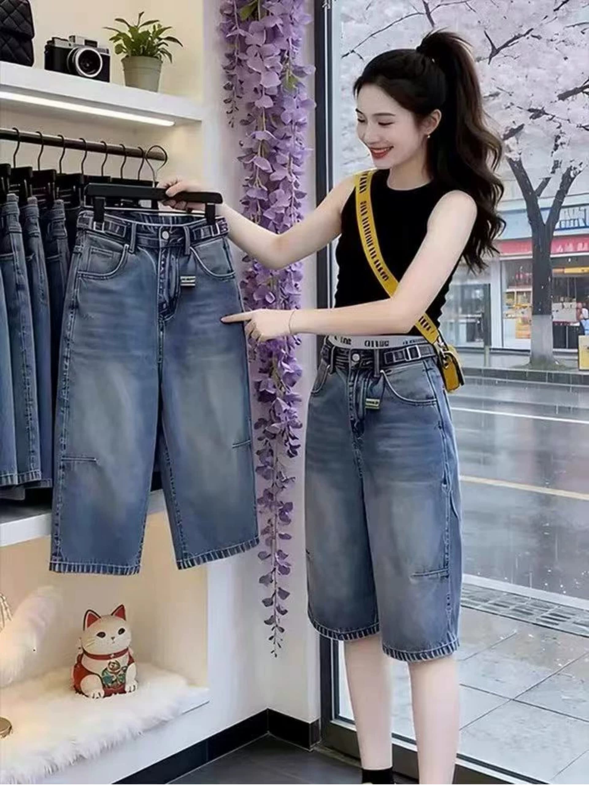 빅 사이즈 레트로 한 마디 5 점 데님 반바지 여성 여름 지방 mm 루즈핏 하이웨이스트 슬림해 보이는 스트레이트 넓은 다리 중 바지 상세 이미지 3
