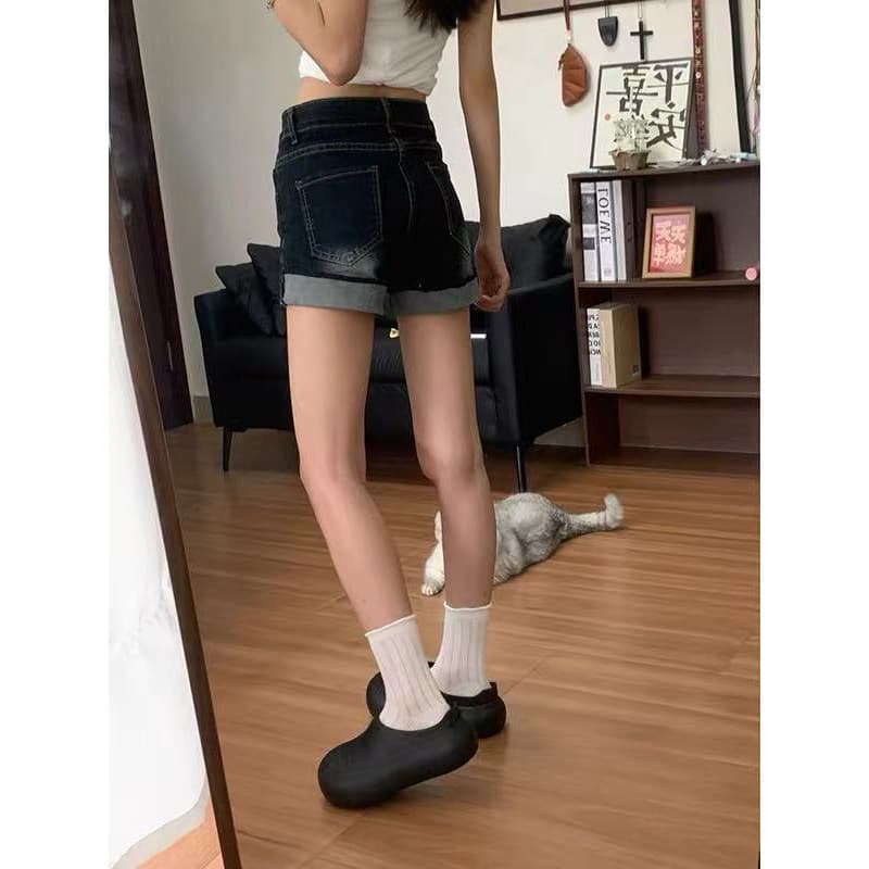 빅 사이즈 레트로 아메리칸 데님 반바지 여성 여름 얇은 스타일 지방 mm 하이웨이스트 슬림해 보이는 진한 파란색 신축성 스트레이트 핫 바지 이미지 2