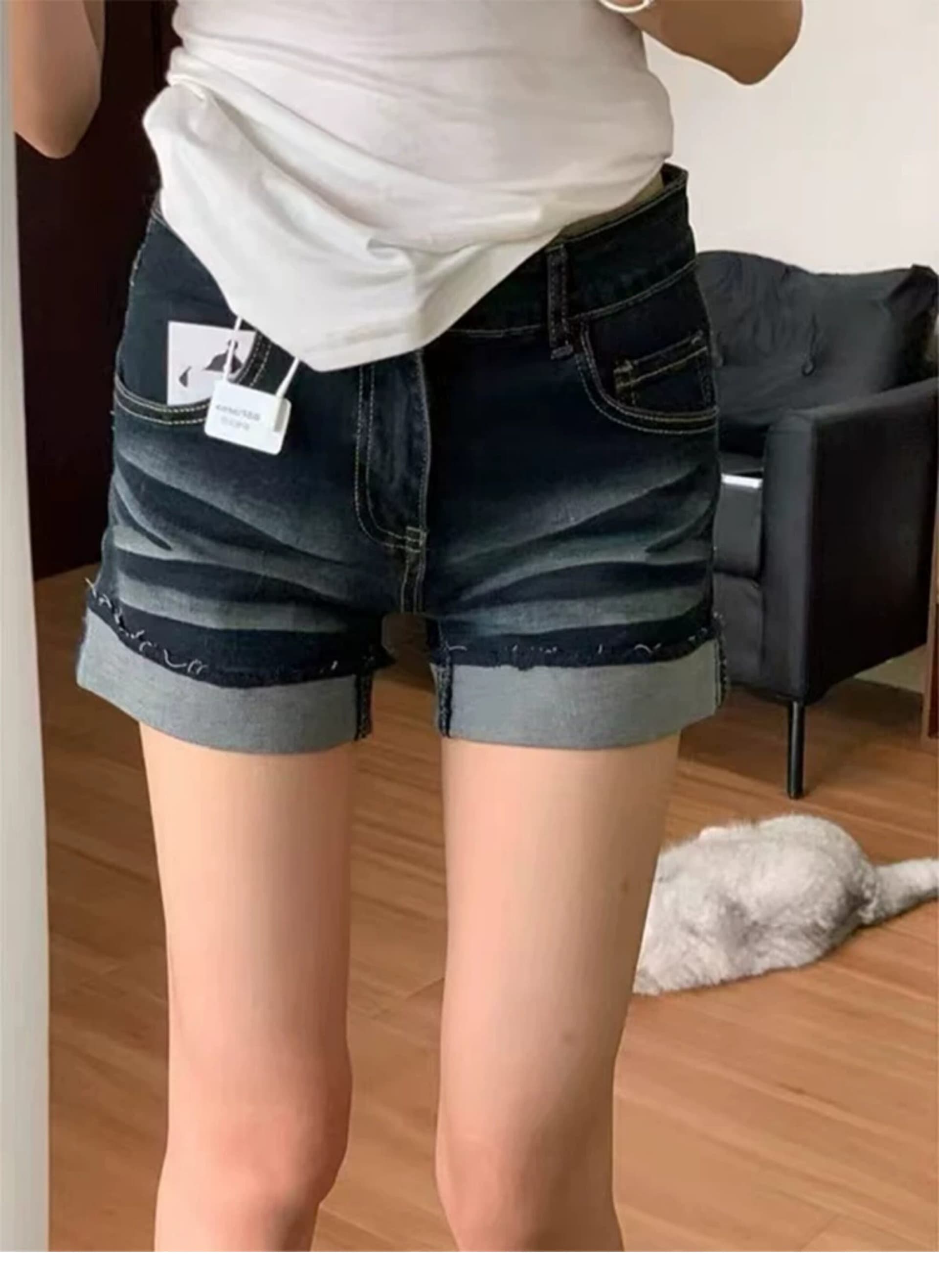 빅 사이즈 레트로 아메리칸 데님 반바지 여성 여름 얇은 스타일 지방 mm 하이웨이스트 슬림해 보이는 진한 파란색 신축성 스트레이트 핫 바지 상세 이미지 3