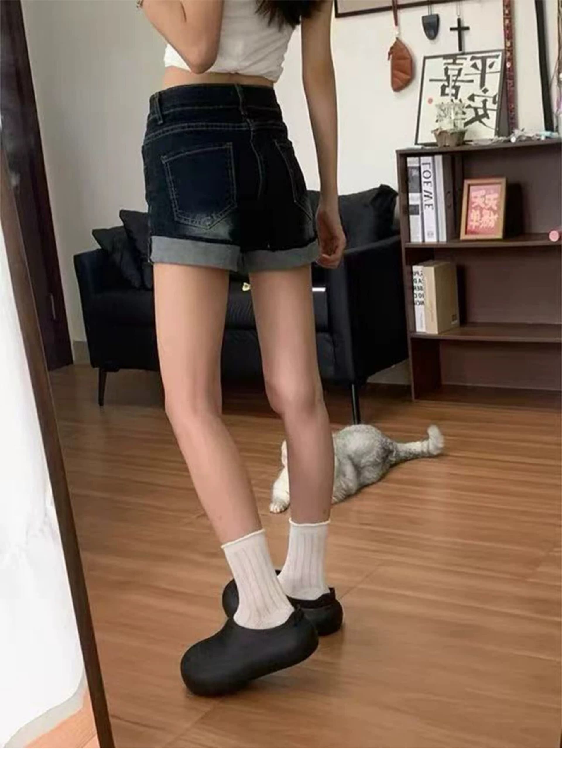 빅 사이즈 레트로 아메리칸 데님 반바지 여성 여름 얇은 스타일 지방 mm 하이웨이스트 슬림해 보이는 진한 파란색 신축성 스트레이트 핫 바지 상세 이미지 6