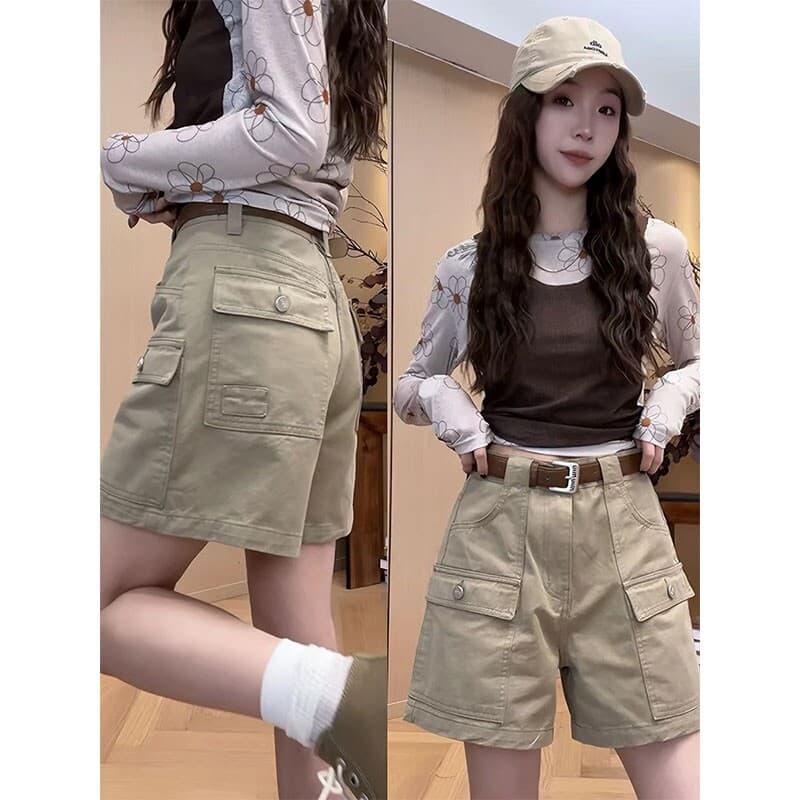 빅 사이즈 워크웨어 데님 반바지 여성 여름 얇은 스타일 지방 mm 레트로 아메리칸 하이웨이스트 슬림해 보이는 스트레이트 넓은 다리 뜨거운 바지 이미지 4