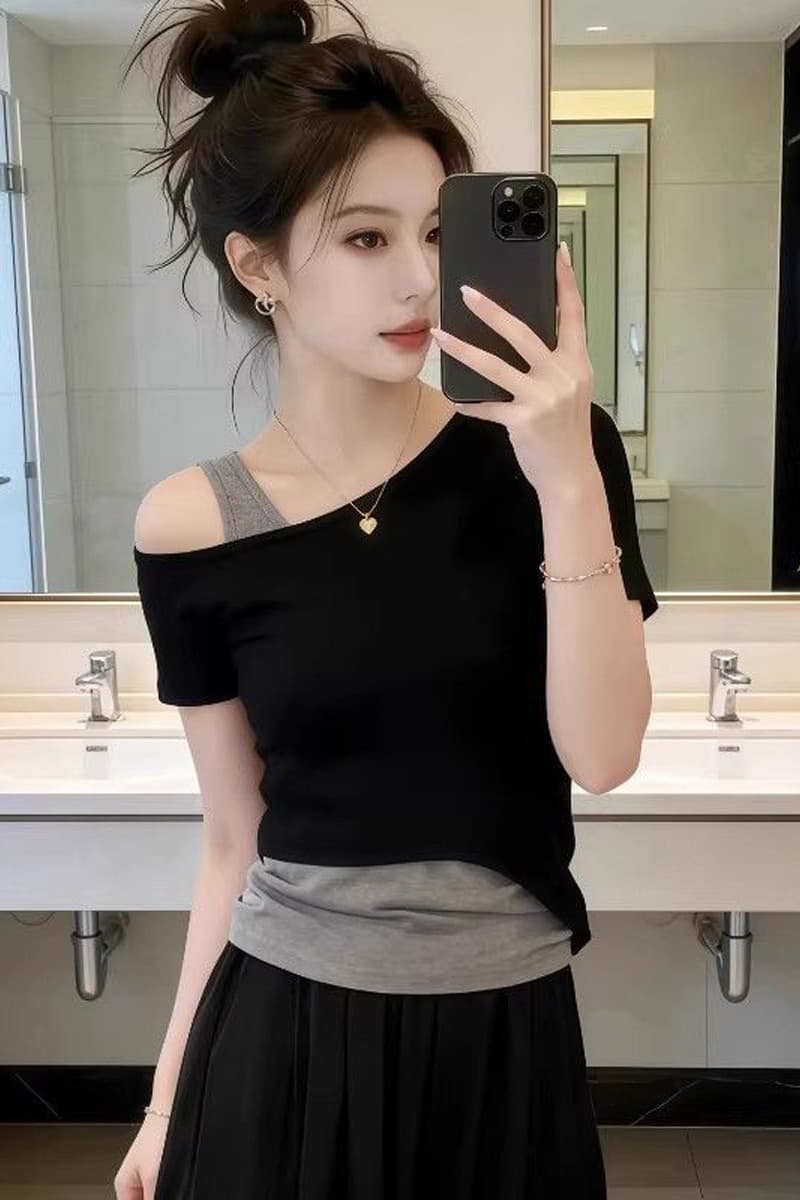 빅 사이즈 여성 의류 새로운 조수 브랜드 반팔 티셔츠 여성 여름 캐주얼 단색 몸매 가꾸기 비스듬한 어깨 페이크 레이어드 패션 맨위 이미지 6