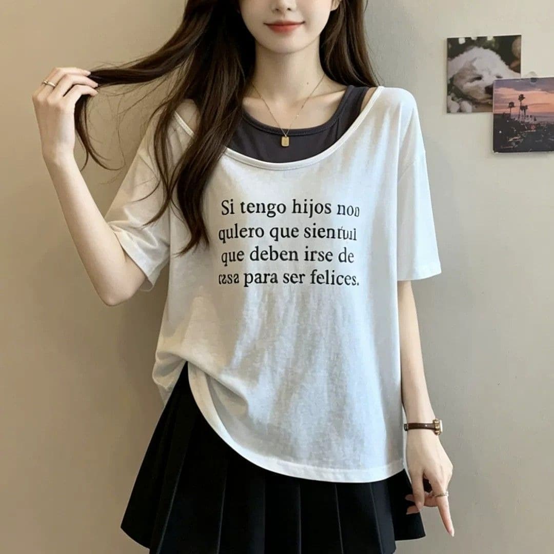 2026 빅 사이즈 여성 의류 페이크 레이어드 티셔츠 패션 품격 반팔 빅 사이즈 맨위 패치워크 루즈핏 청춘 활력 트렌디 이미지 5