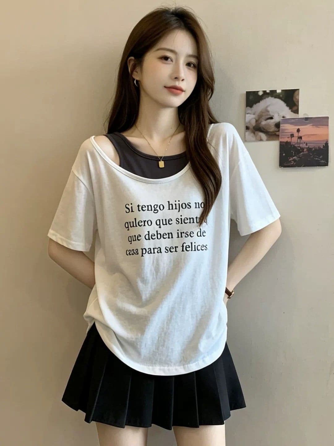 2026 빅 사이즈 여성 의류 페이크 레이어드 티셔츠 패션 품격 반팔 빅 사이즈 맨위 패치워크 루즈핏 청춘 활력 트렌디 상세 이미지 4