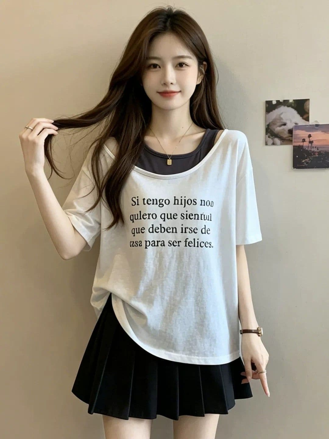 2026 빅 사이즈 여성 의류 페이크 레이어드 티셔츠 패션 품격 반팔 빅 사이즈 맨위 패치워크 루즈핏 청춘 활력 트렌디 상세 이미지 6