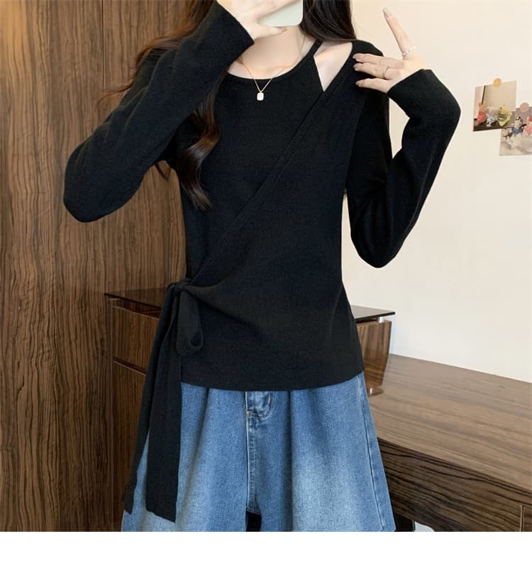 실사 빅 사이즈 여성 의류 새로운 디자인 센스 니트 스웨터 지방 mm 페이크 레이어드 스웨터 맨위 슬림해 보이는 다용도 티셔츠 트렌디 상세 이미지 23