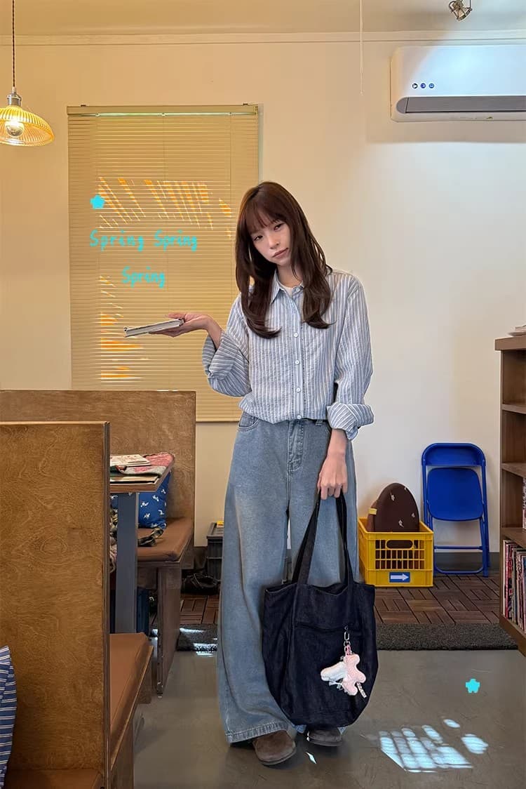 우유 토끼 행성 직접 만든 돌고래 작은 패치 홀로우 아웃 레이스 세로 줄무늬 여성 셔츠 봄 루즈핏 느긋한 바람 맨위 상세 이미지 8