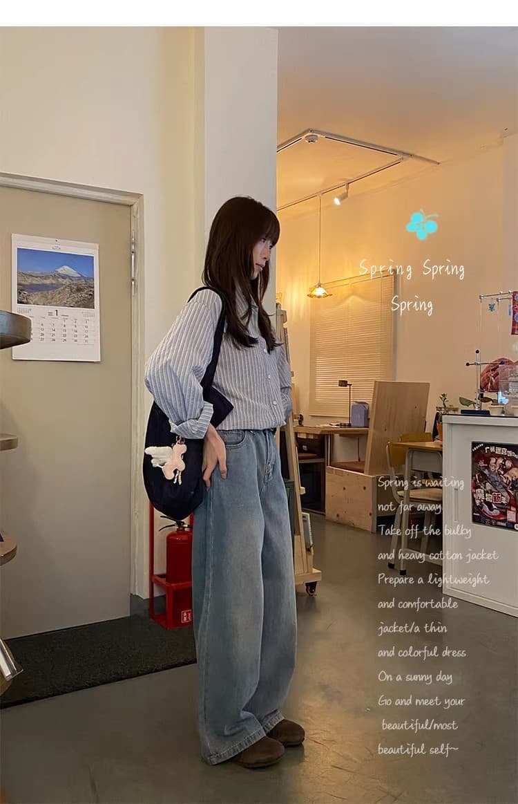 우유 토끼 행성 직접 만든 돌고래 작은 패치 홀로우 아웃 레이스 세로 줄무늬 여성 셔츠 봄 루즈핏 느긋한 바람 맨위 상세 이미지 11