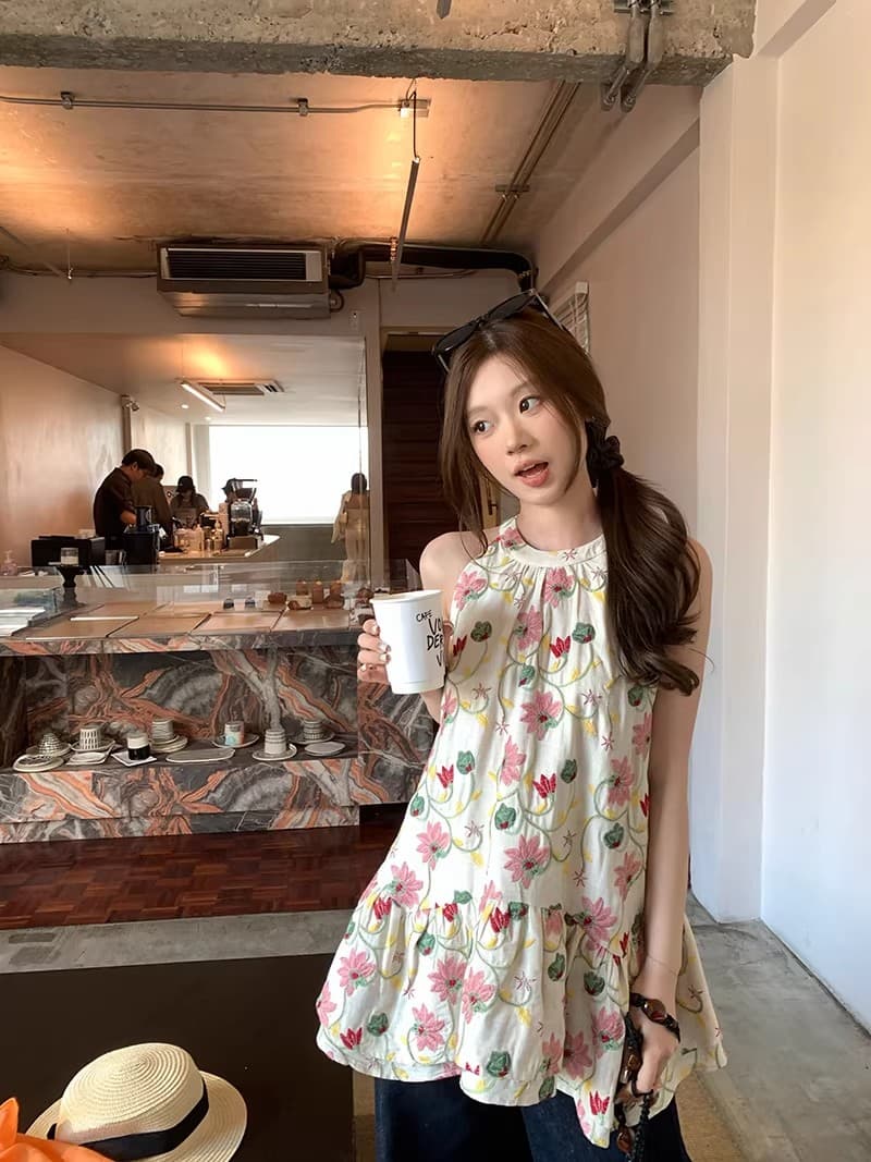 im ~까지 안개 남자 산 사쿠라 무거운 작업 자수 행침 목 슬립 여성 불규칙 프릴 루즈핏 한 마디 민소매 맨위 상세 이미지 35