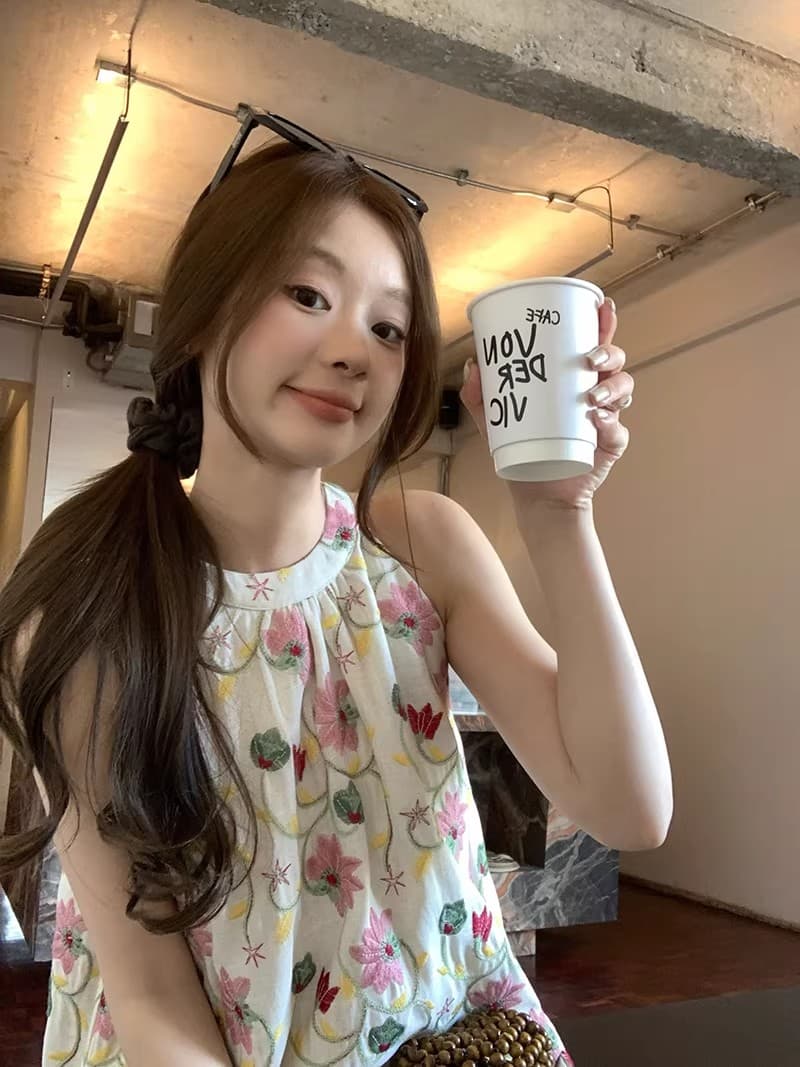 im ~까지 안개 남자 산 사쿠라 무거운 작업 자수 행침 목 슬립 여성 불규칙 프릴 루즈핏 한 마디 민소매 맨위 상세 이미지 45