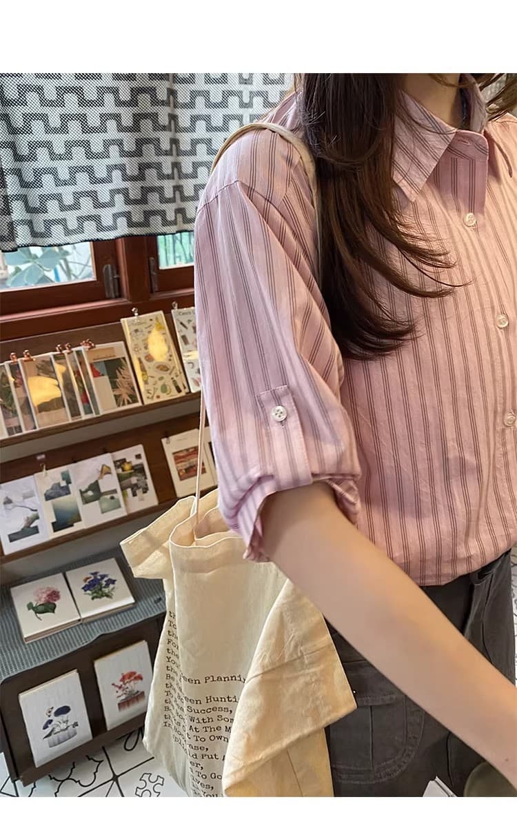 우유 토끼 행성 직접 만든 자수 소매 袢 디자인 순면 세로 줄무늬 여성 셔츠 봄 여름 작은 키 맨위 이미지 4