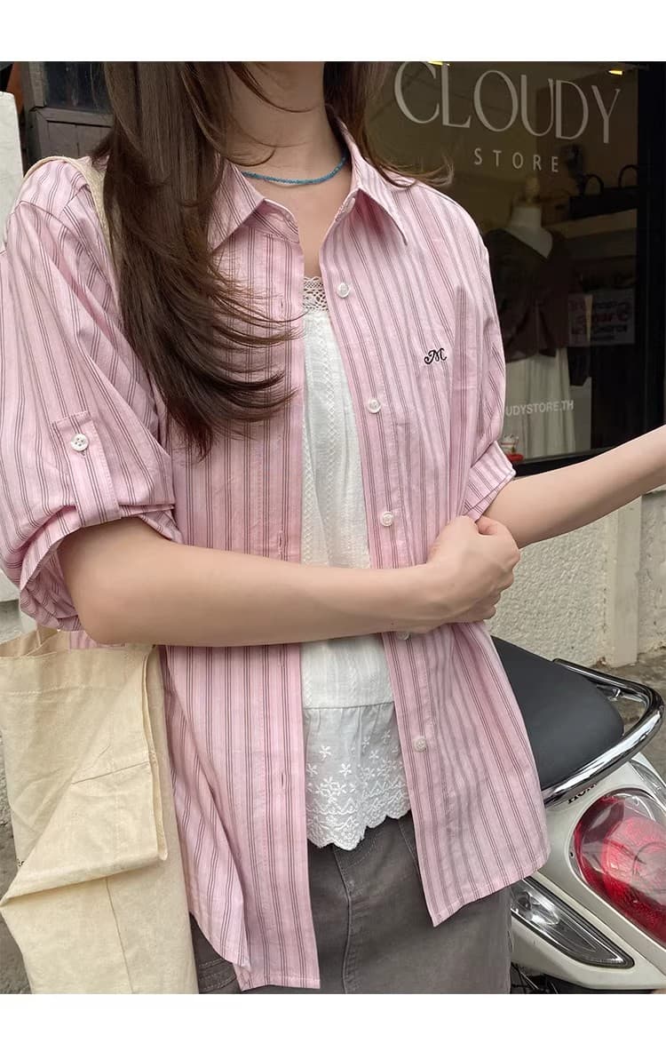 우유 토끼 행성 직접 만든 자수 소매 袢 디자인 순면 세로 줄무늬 여성 셔츠 봄 여름 작은 키 맨위 상세 이미지 10