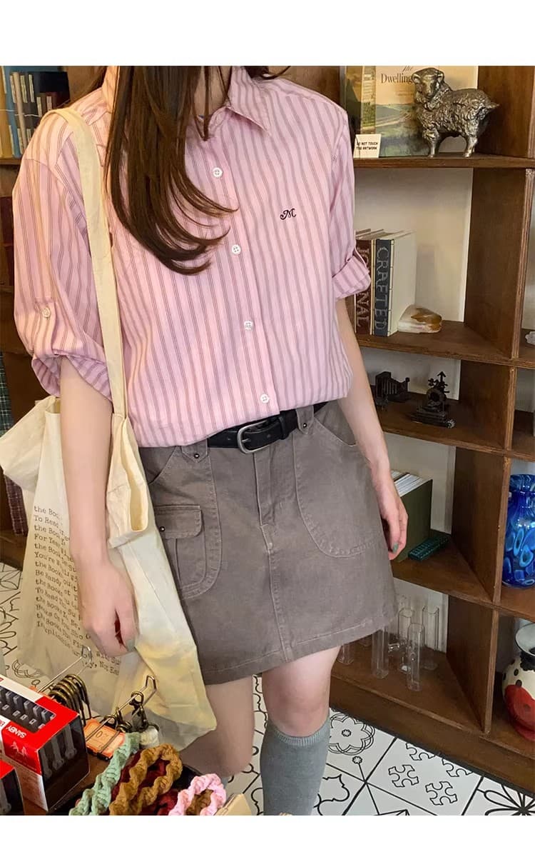 우유 토끼 행성 직접 만든 자수 소매 袢 디자인 순면 세로 줄무늬 여성 셔츠 봄 여름 작은 키 맨위 상세 이미지 17