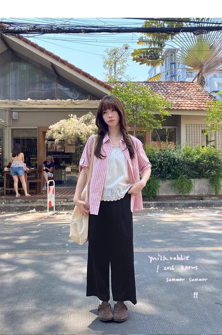 우유 토끼 행성 직접 만든 자수 소매 袢 디자인 순면 세로 줄무늬 여성 셔츠 봄 여름 작은 키 맨위 상세 이미지 21
