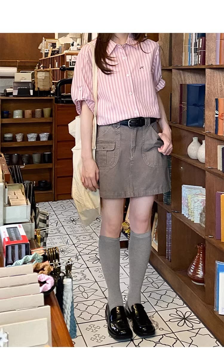 우유 토끼 행성 직접 만든 자수 소매 袢 디자인 순면 세로 줄무늬 여성 셔츠 봄 여름 작은 키 맨위 상세 이미지 26