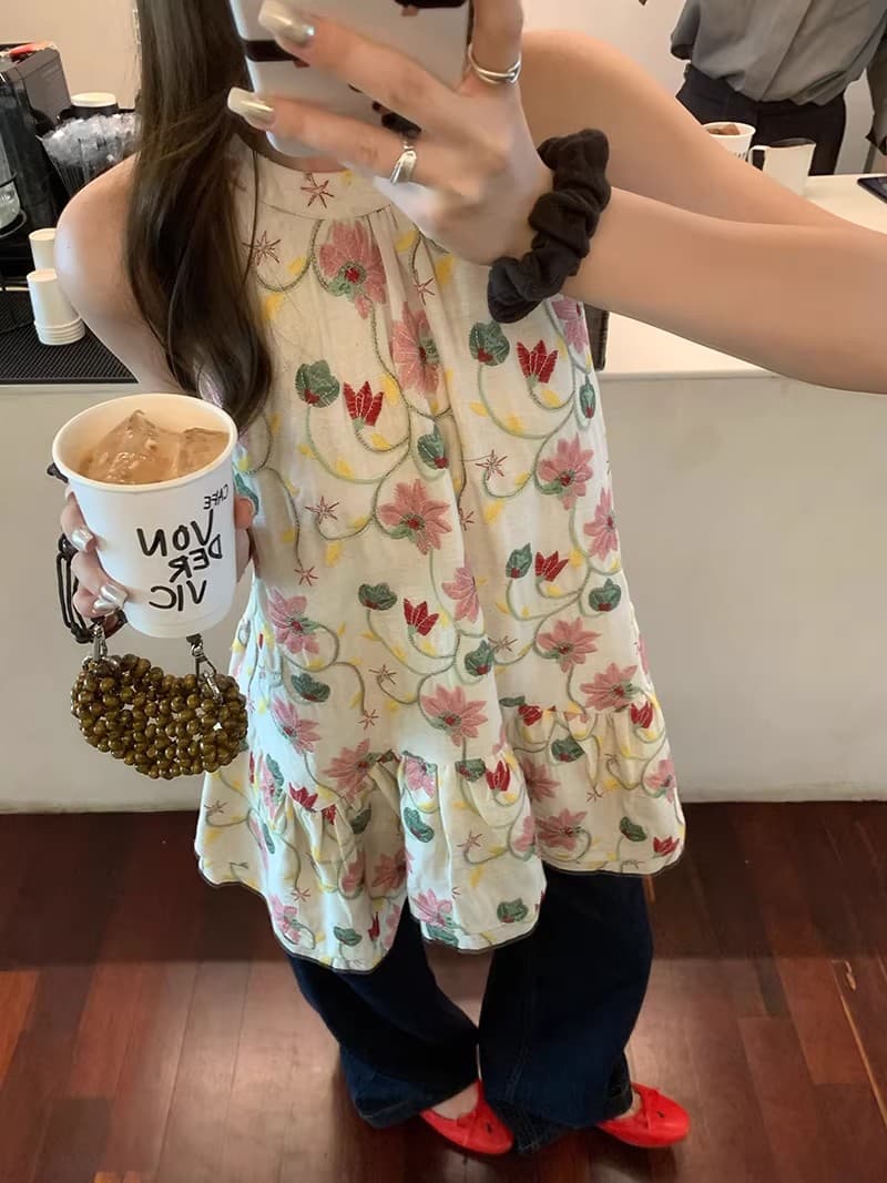 im ~까지 안개 남자 산 사쿠라 무거운 작업 자수 행침 목 슬립 여성 불규칙 프릴 루즈핏 한 마디 민소매 맨위 이미지 5