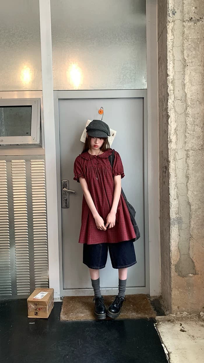 rainy 달콤함 소녀 센스 체크무늬 베이비 칼라 드레스 여름 여성 거품 소매 체크무늬 쇼트 스타일 스택 착용 치마 상세 이미지 23