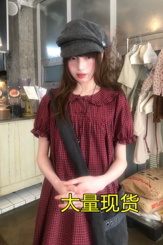 rainy 달콤함 소녀 센스 체크무늬 베이비 칼라 드레스 여름 여성 거품 소매 체크무늬 쇼트 스타일 스택 착용 치마 이미지 6