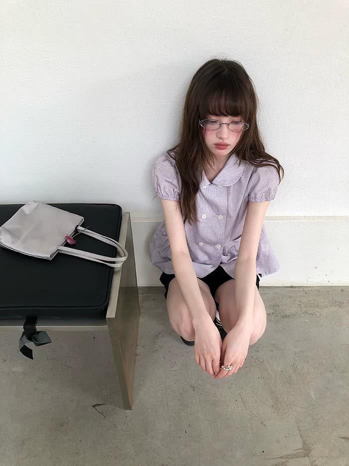 rainy 달콤함 레트로 학원 스타일 이중 버튼 작은 셔츠 여름 여성 베이비 칼라 거품 소매 문예 체크무늬 셔츠 상세 이미지 9