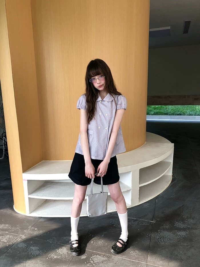 rainy 달콤함 레트로 학원 스타일 이중 버튼 작은 셔츠 여름 여성 베이비 칼라 거품 소매 문예 체크무늬 셔츠 상세 이미지 32