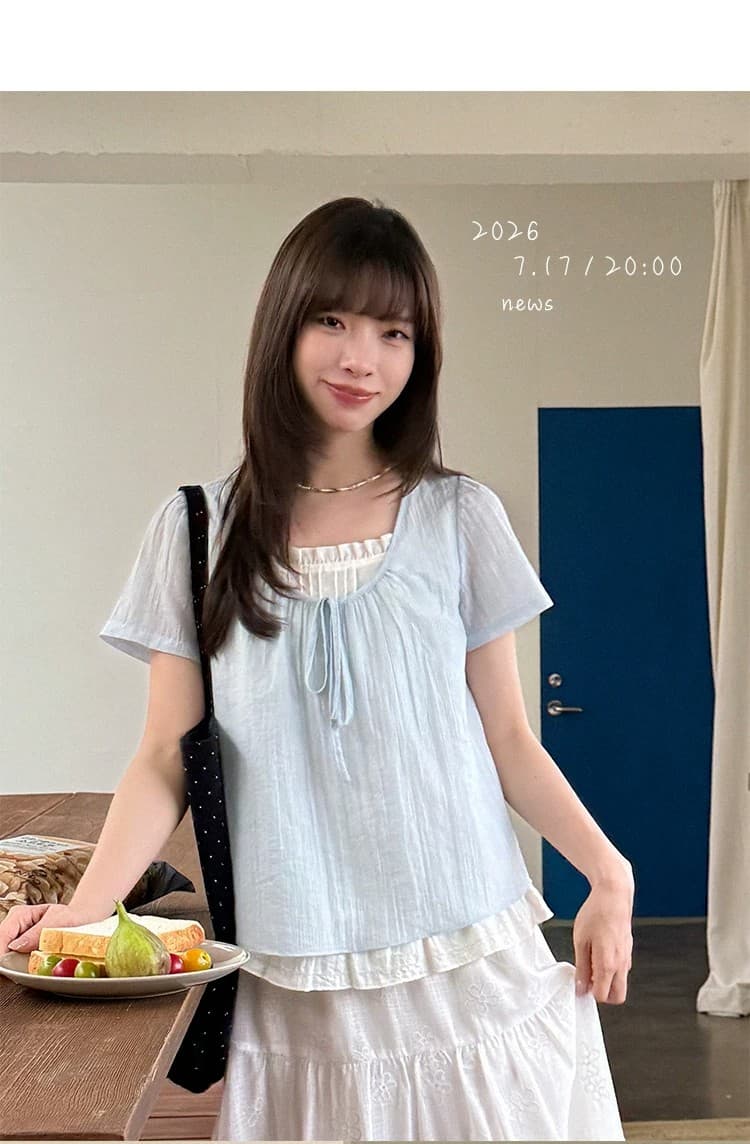 우유 토끼 행성 직접 만든 라이 경기 서울 네클라인 스트랩 페이크 레이어드 작은 셔츠 여성 여름 이중층 밑단 반팔 맨위 이미지 4