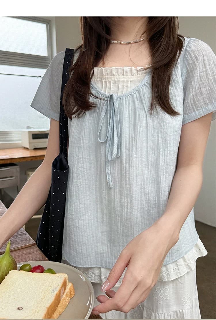 우유 토끼 행성 직접 만든 라이 경기 서울 네클라인 스트랩 페이크 레이어드 작은 셔츠 여성 여름 이중층 밑단 반팔 맨위 상세 이미지 10